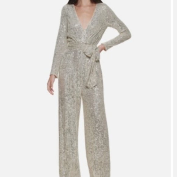 Eliza J Pants - Eliza J Gold Shimmer Jumpsuit